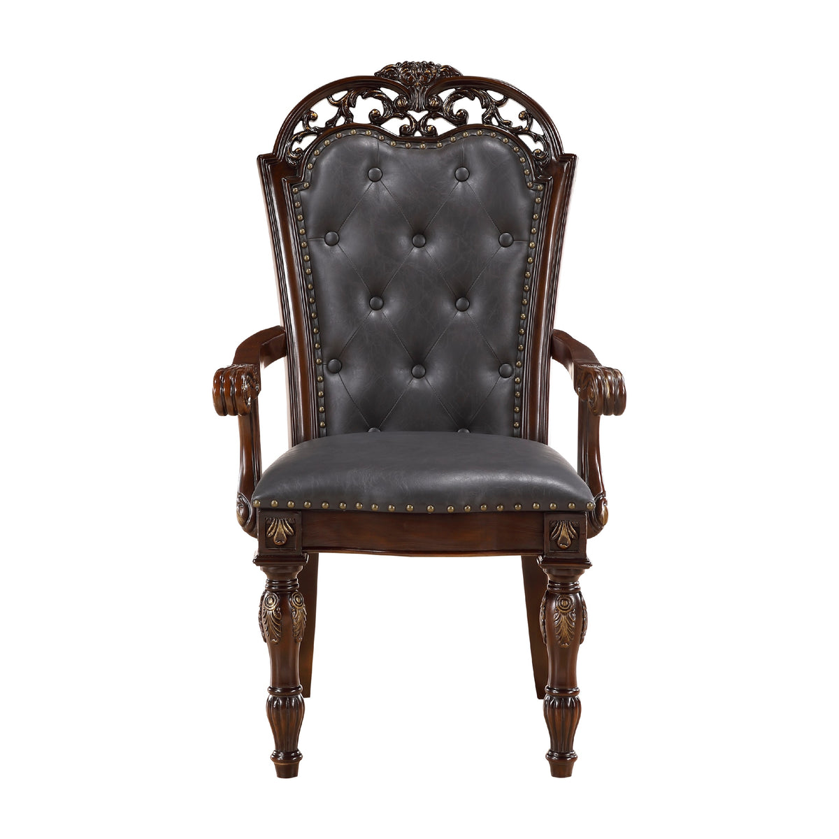 Nami Dining Side Chair Set of 2, Brown Faux Leather, Classic Carved Edges  - BM347096