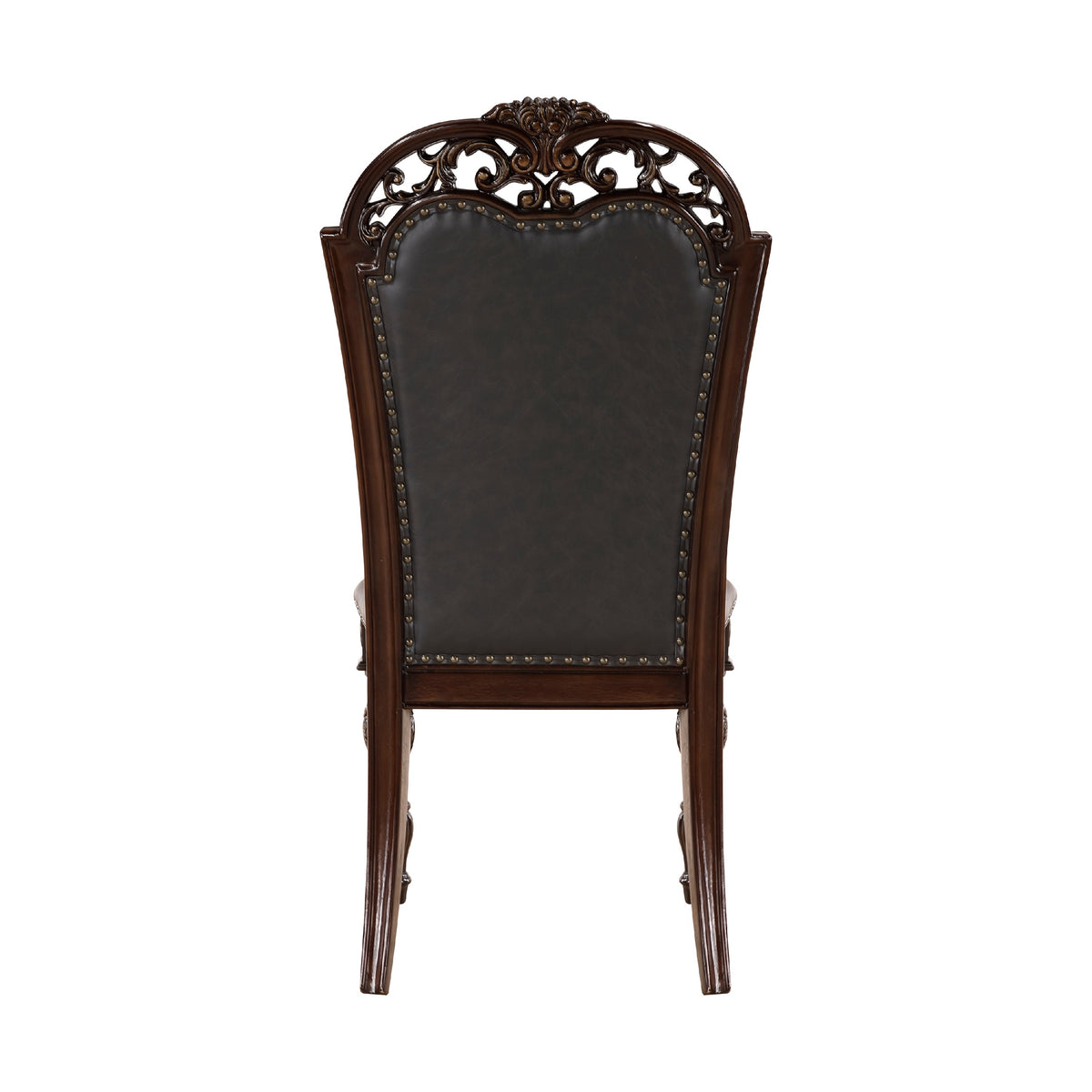 Nami Dining Side Chair Set of 2, Brown Faux Leather, Classic Carved Edges  - BM347096