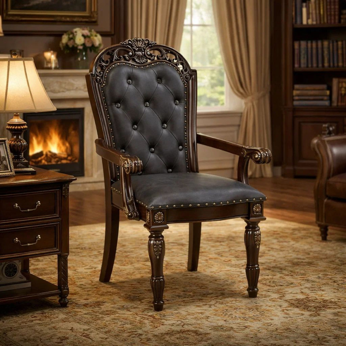 Nami Dining Side Chair Set of 2, Brown Faux Leather, Classic Carved Edges  - BM347096