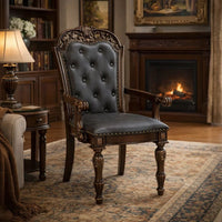 Nami Dining Side Chair Set of 2, Brown Faux Leather, Classic Carved Edges  - BM347096