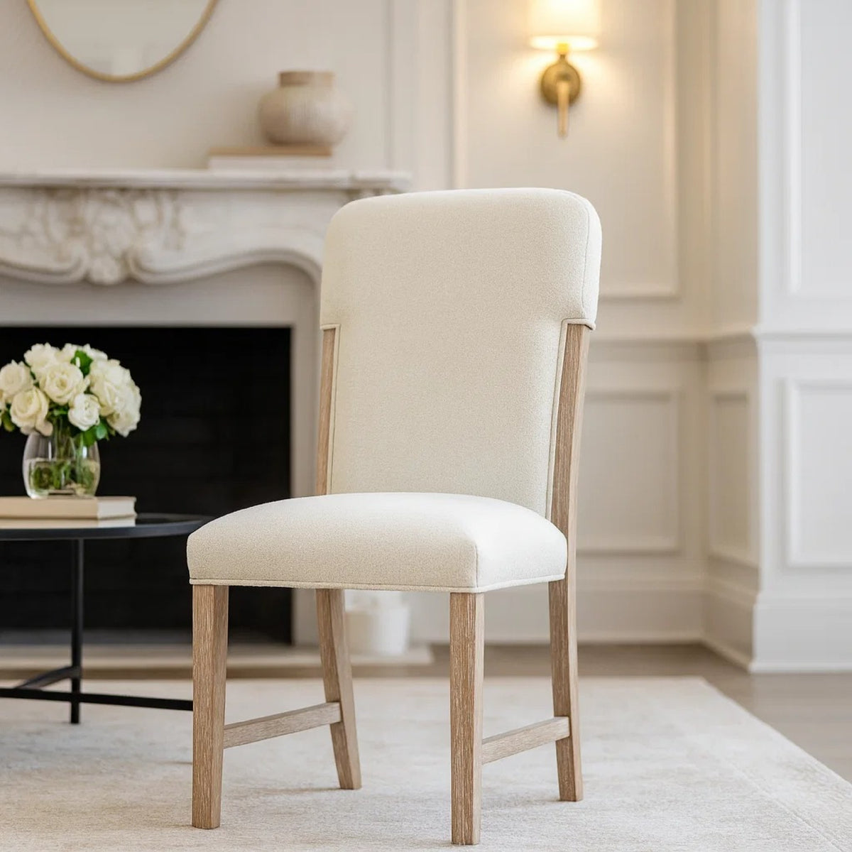 Wily Dining Side Chair Set of 2, Beige Chenille, Natural Wood Frame  - BM347097