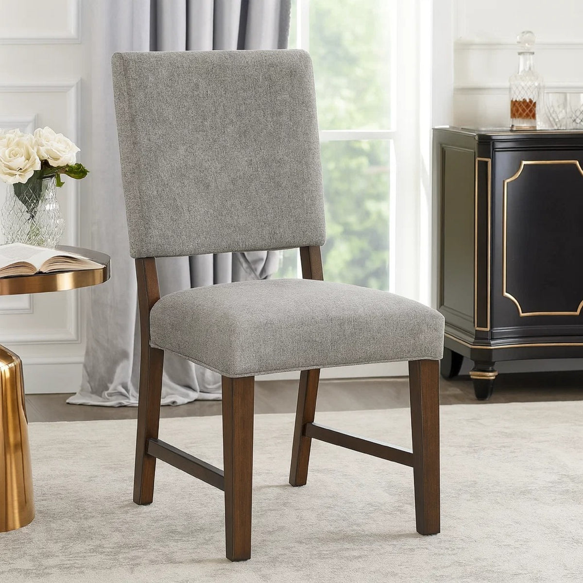 Bloi Dining Side Chair Set of 2, Gray Textured Polyester, Brown Legs  - BM347098