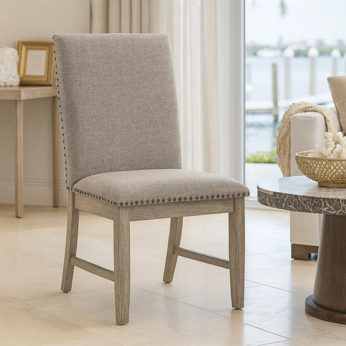 Ruth Dining Chair Set of 2, Gray Polyester Padding, Nailhead Trim  - BM347103