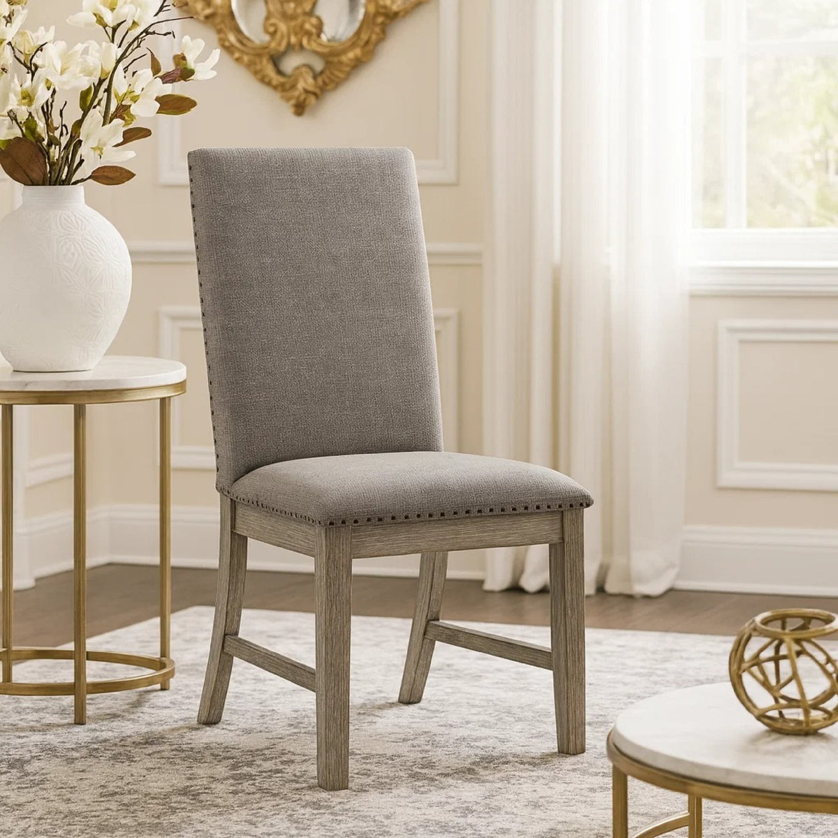 Ruth Dining Chair Set of 2, Gray Polyester Padding, Nailhead Trim  - BM347103