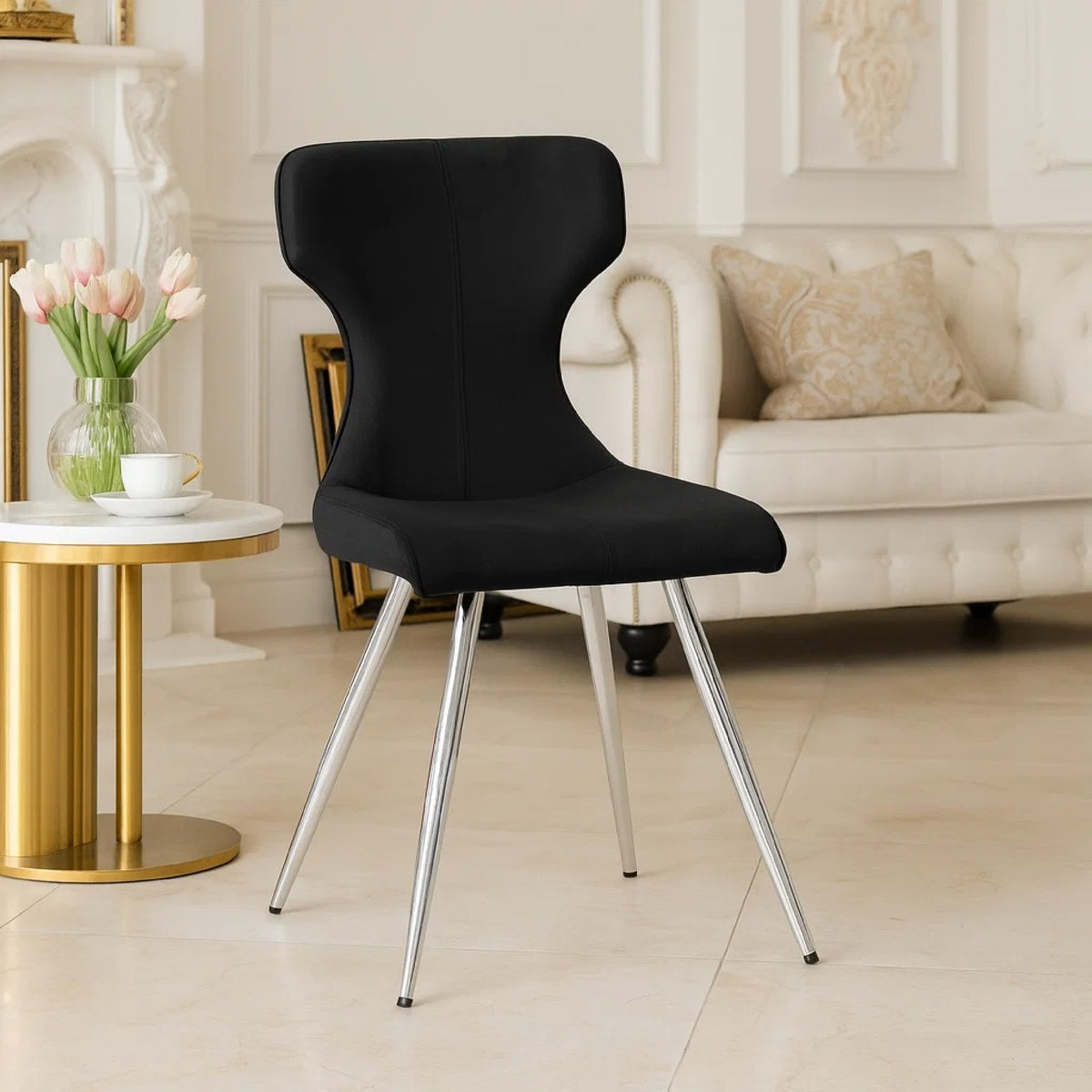 Dew Dining Side Chair Set of 2, Contoured Black Velvet, Chrome Legs  - BM347107