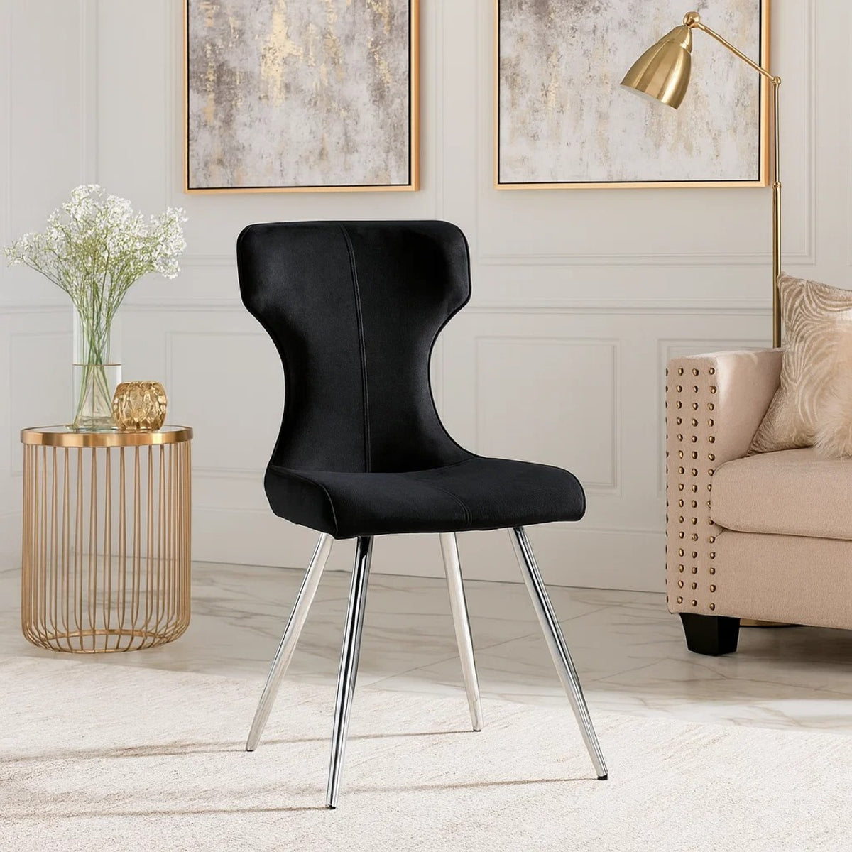 Dew Dining Side Chair Set of 2, Contoured Black Velvet, Chrome Legs  - BM347107