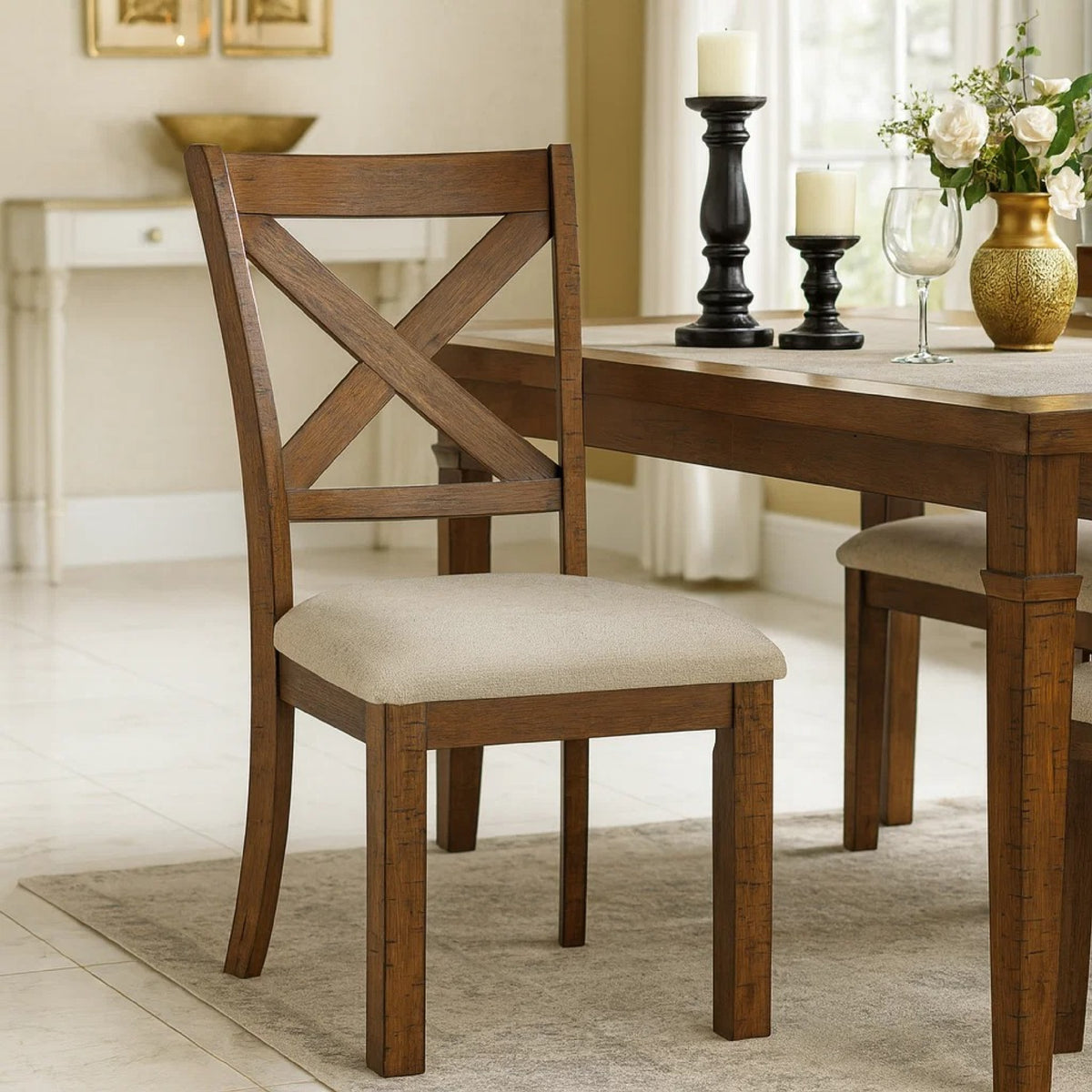 Alex Dining Side Chair Set of 2, Beige Polyester Seat, Wood Cross Back  - BM347108