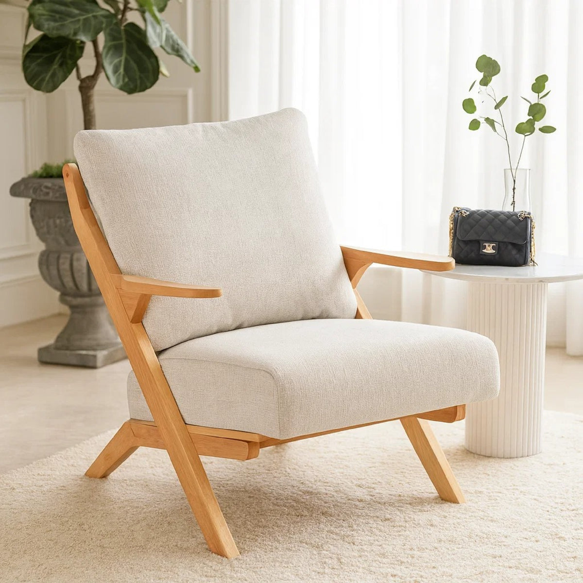 Lexi Accent Chair, Natural Brown Slat Back, Foam Cushions, Beige Chenille  - BM347111