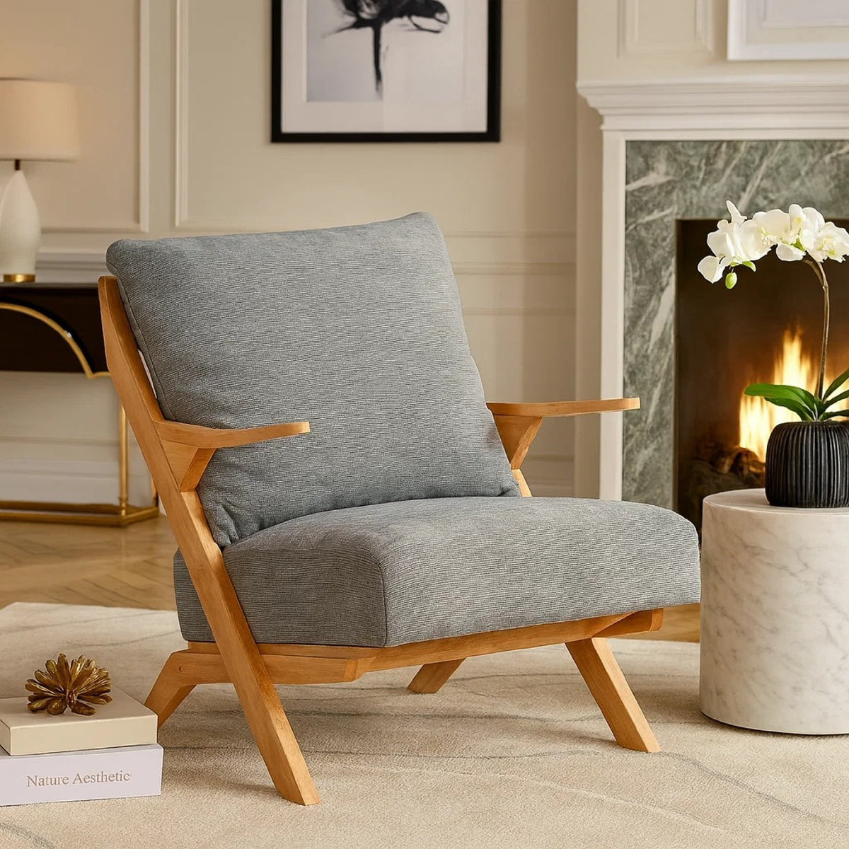 Lexi Accent Chair, Natural Brown Slat Back, Foam Cushions, Gray Chenille  - BM347112