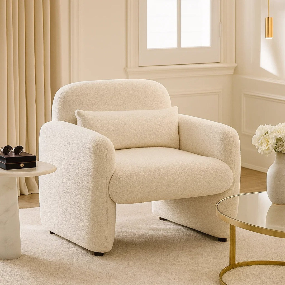 Oham Accent Chair with Lumbar Pillow and Track Arms, Beige Boucle  - BM347113