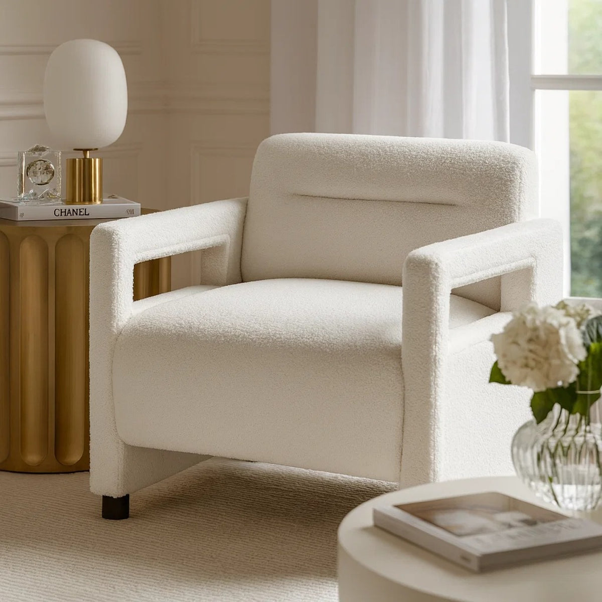 Osy Accent Armchair, Cutout Track Arms, Foam Fill Beige Boucle  - BM347115