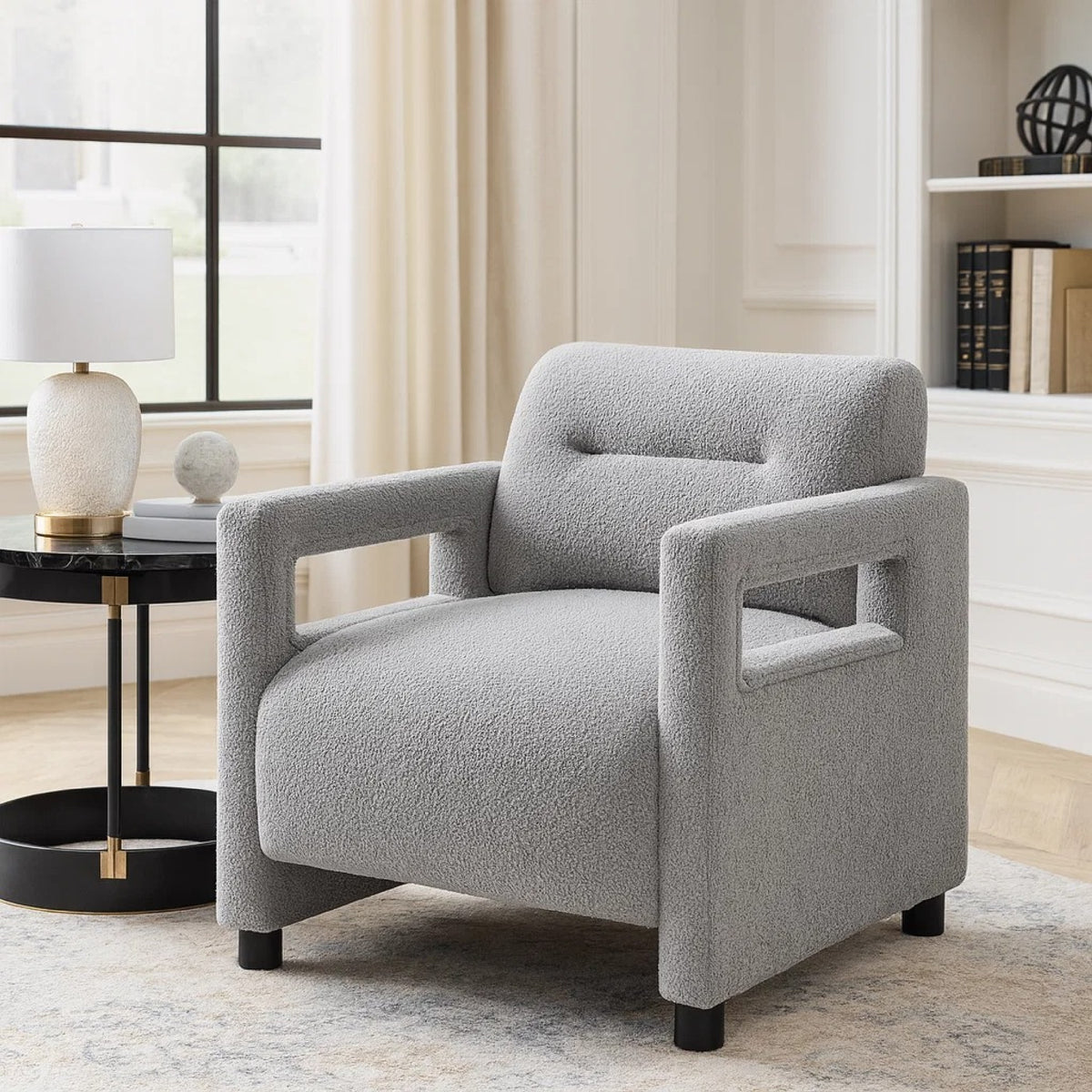 Osy Accent Armchair, Cutout Track Arms, Foam Fill Gray Boucle  - BM347116
