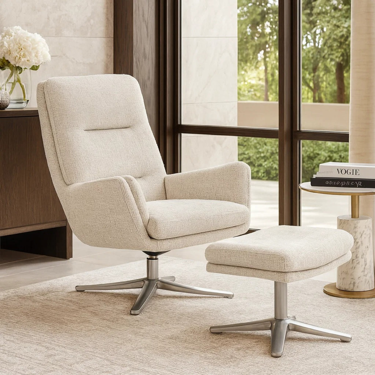 Arko 2pc Swivel Chair & Ottoman Set, Beige Chenille, Silver Star Base  - BM347117