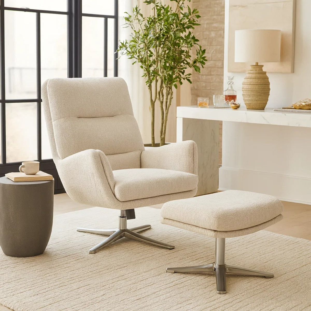 Arko 2pc Swivel Chair & Ottoman Set, Beige Chenille, Silver Star Base  - BM347117
