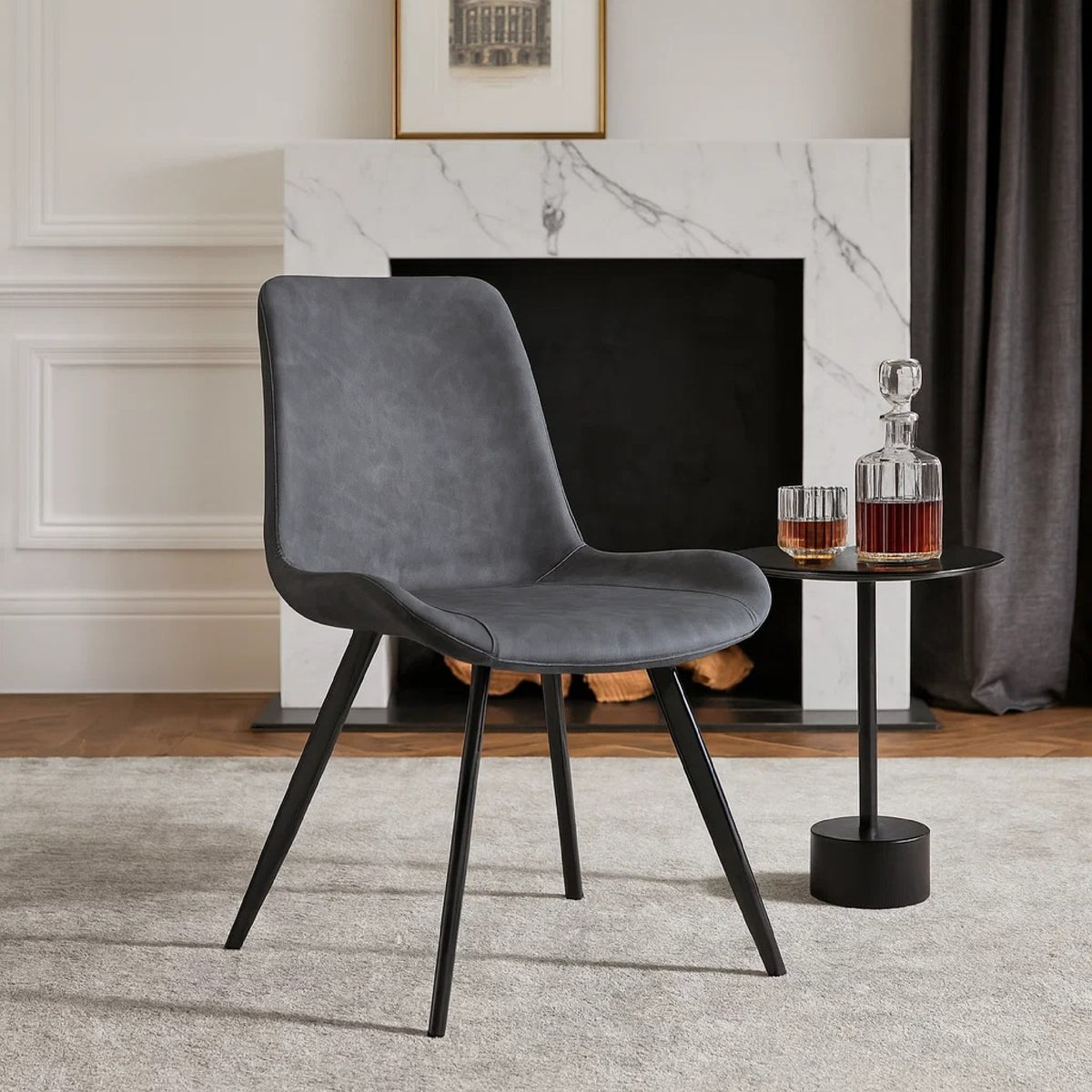 Bey Dining Side Chair Set of 2, Gray Faux Leather, Black Metal Legs  - BM347126