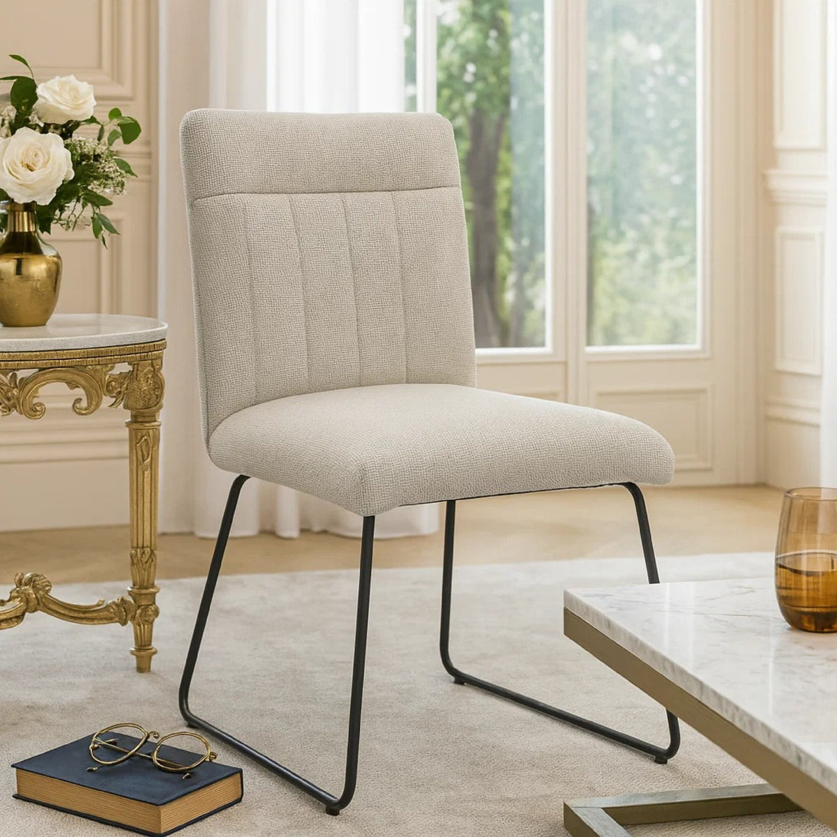 Neya Dining Side Chair Set of 2, Beige Polyester, Black Metal Legs  - BM347127