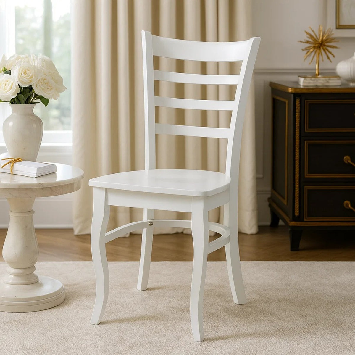 Beo Dining Side Chair Set of 2, Contoured Ladder Backs, White Wood  - BM347131