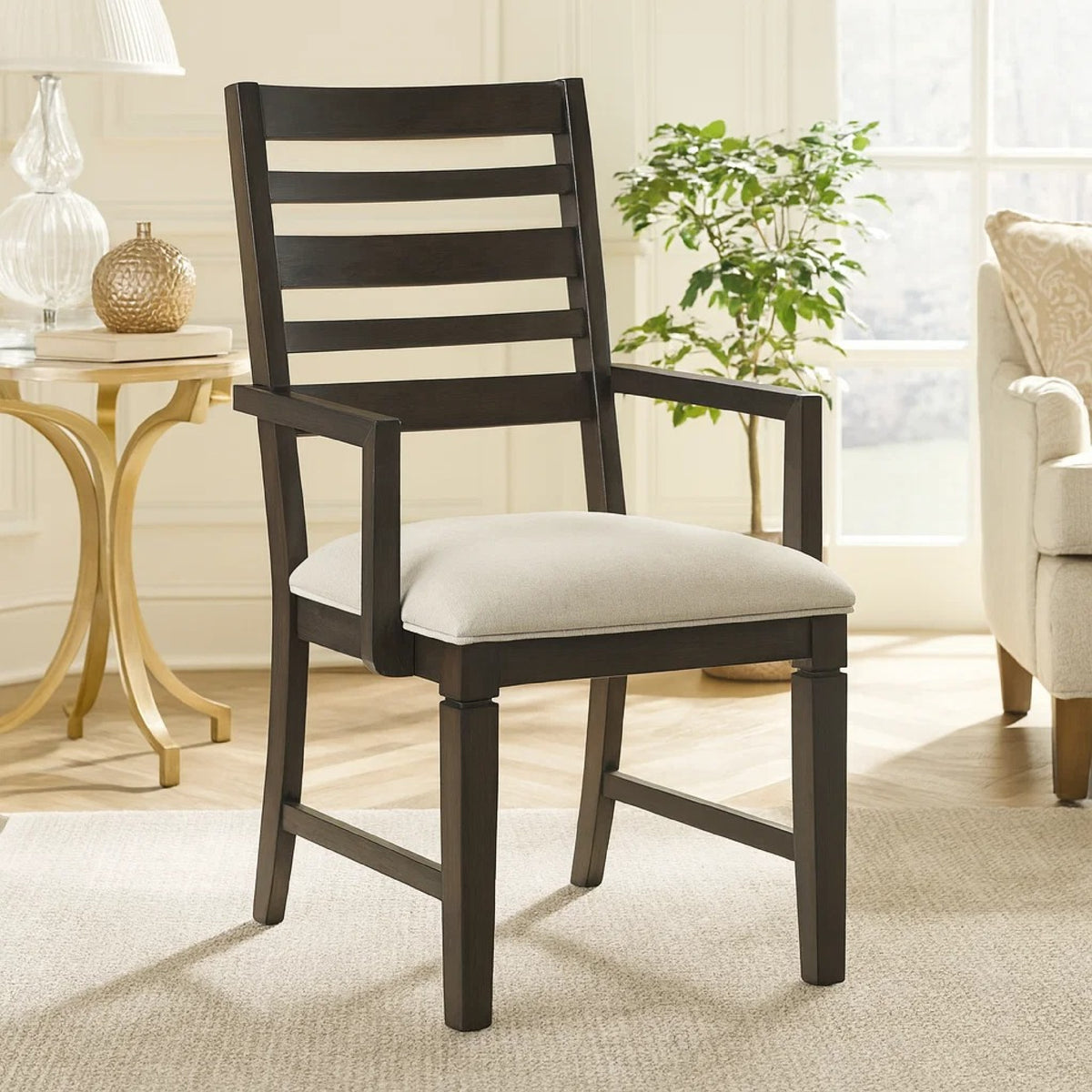 Vicy Dining Arm Chair Set of 2, Beige Cushion, Espresso Brown Ladder Back  - BM347140