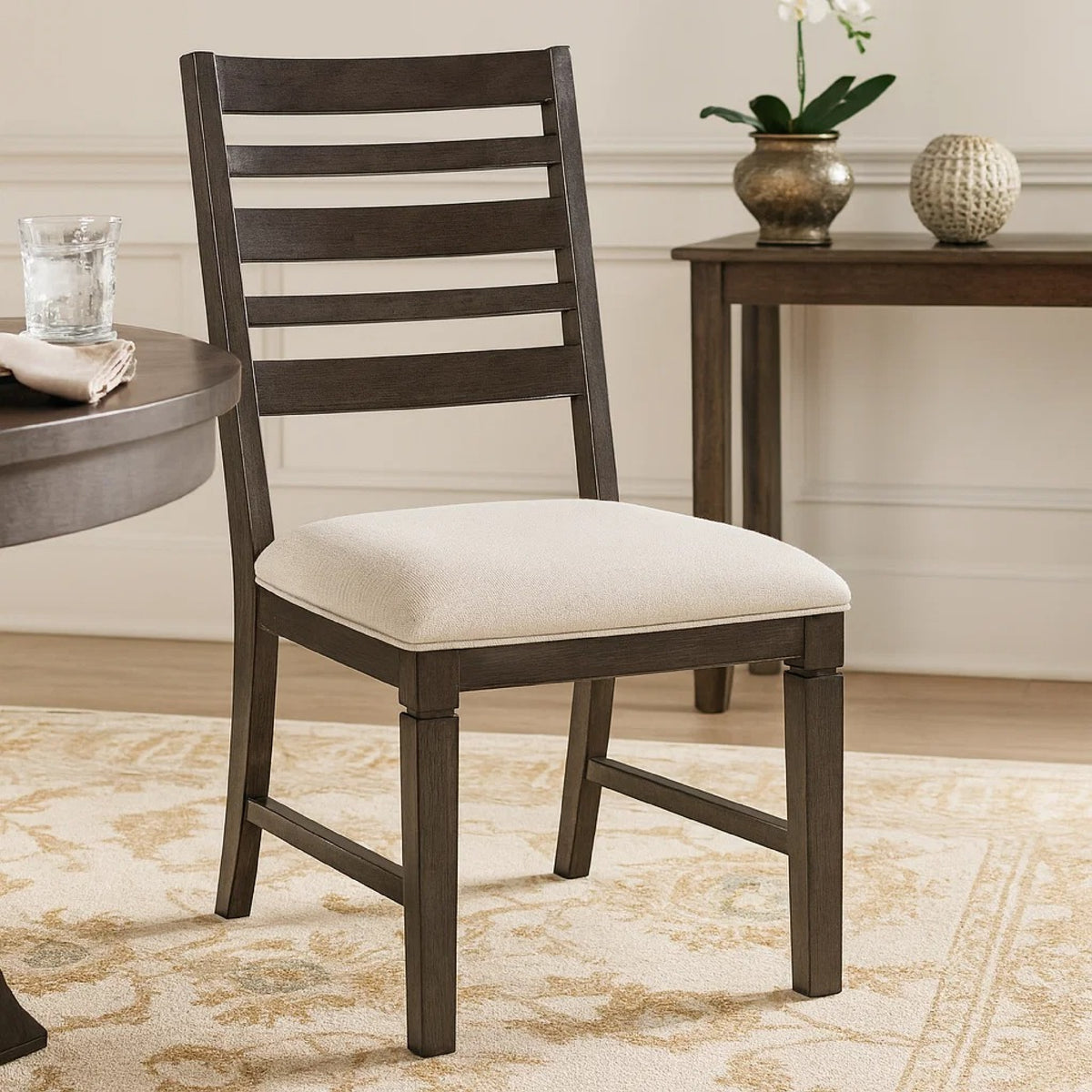 Vicy Dining Side Chair Set of 2, Beige Cushion, Espresso Brown  - BM347141