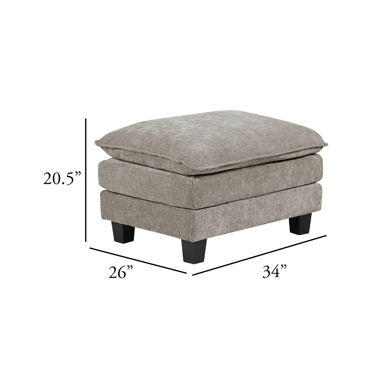 Duby Ottoman, 34 Inch Seat, Black Faux Wood Legs, Pewter Gray Chenille  - BM347144