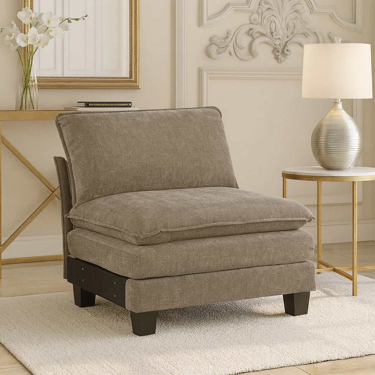 Duby Armless Chair, Black Faux Wood Legs, Dark Pewter Gray Chenille  - BM347145