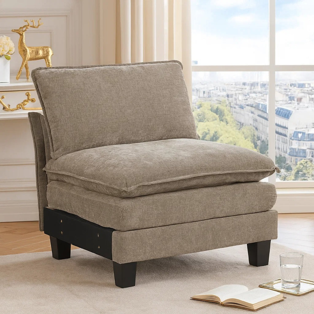 Duby Armless Chair, Black Faux Wood Legs, Dark Pewter Gray Chenille  - BM347145