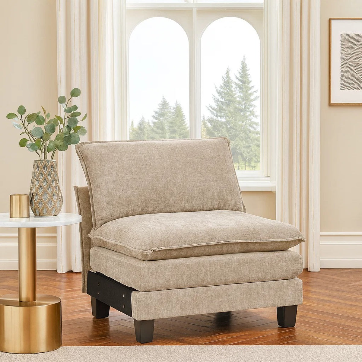 Duby Armless Chair, Black Faux Wood Legs, Taupe Gray Chenille  - BM347147