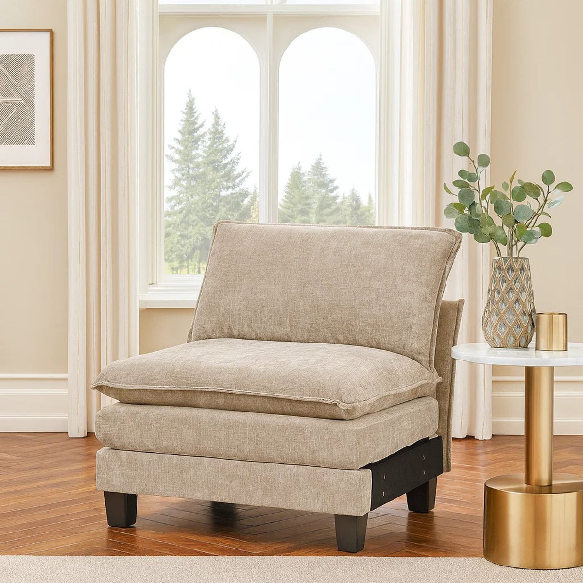 Duby Armless Chair, Black Faux Wood Legs, Taupe Gray Chenille  - BM347147