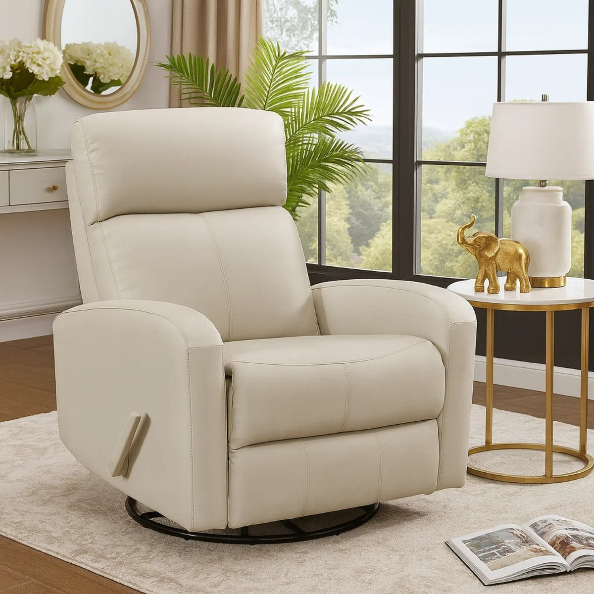 Sery Swivel Glider Manual Reclining Chair w Pull Handle, Beige Leather  - BM347150