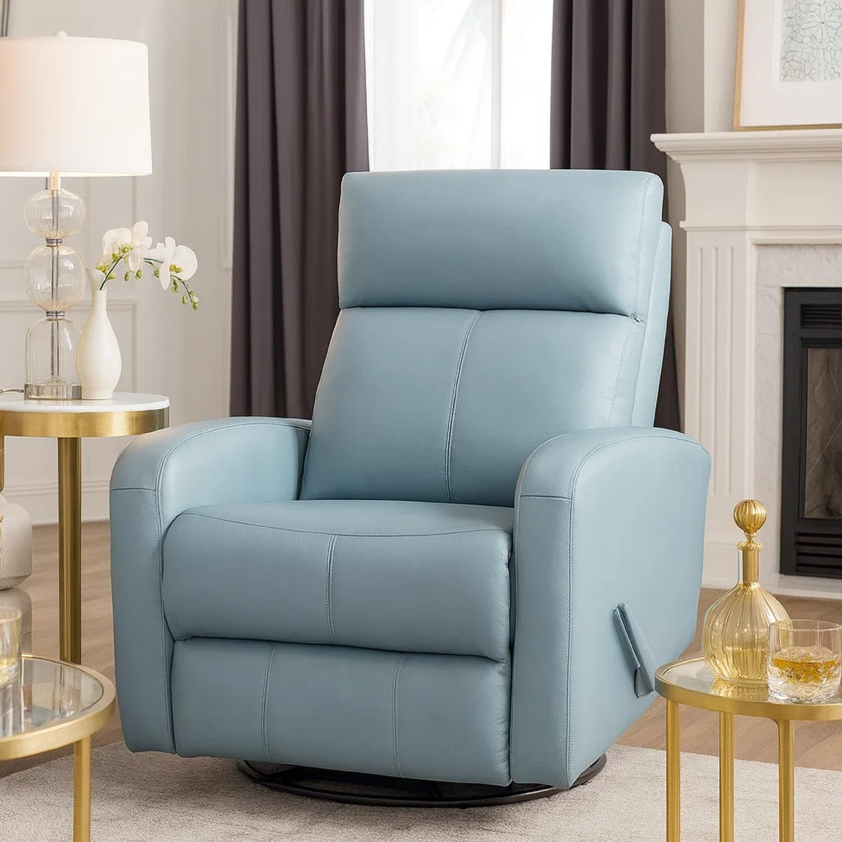 Sery Swivel Glider Manual Reclining Chair w Pull Handle, Blue Leather  - BM347151