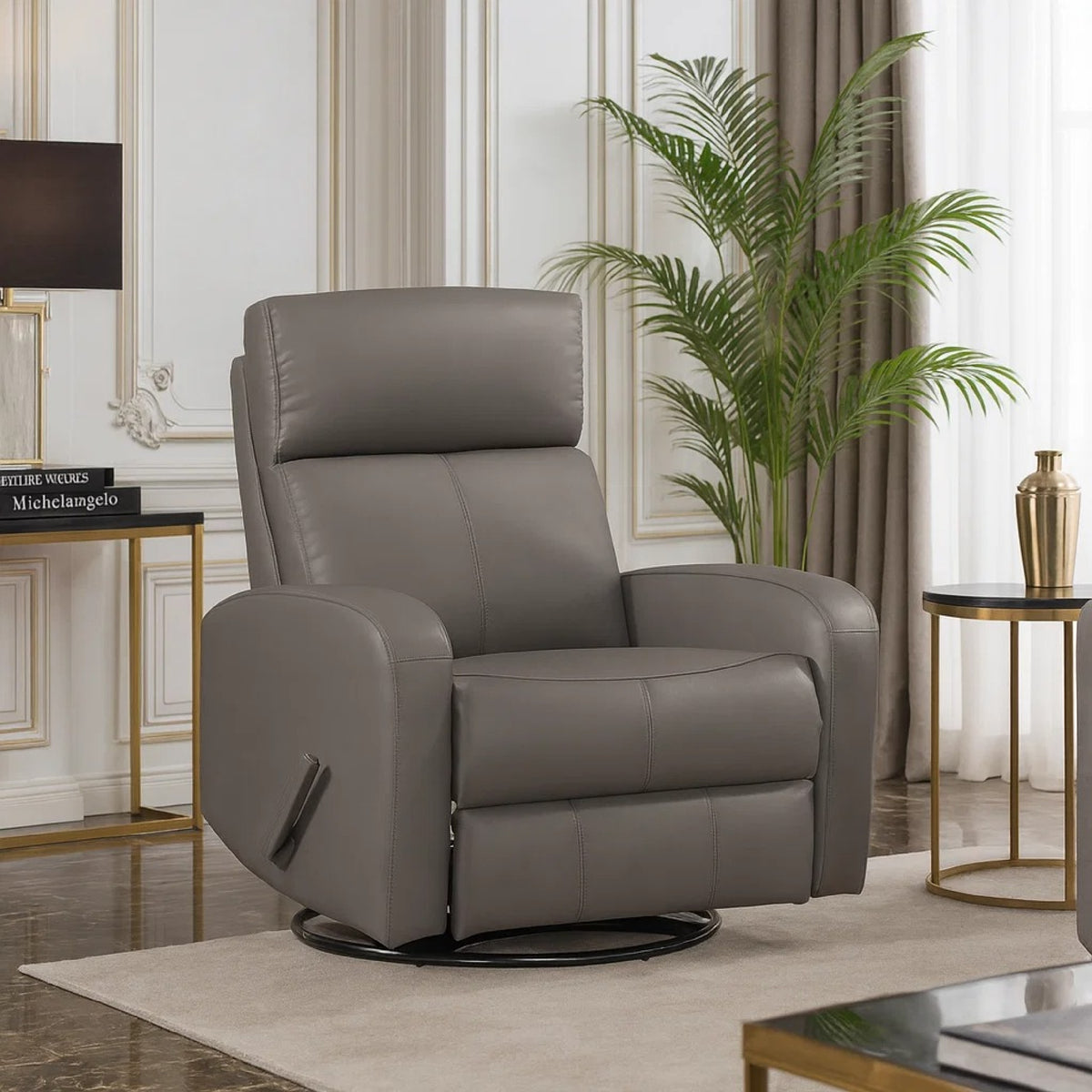 Sery Swivel Glider Manual Reclining Chair, Pull Handle, Brown Leather  - BM347152