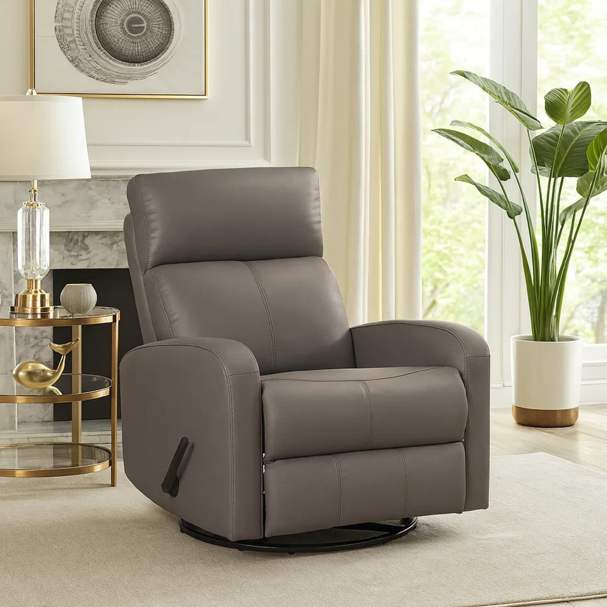 Sery Swivel Glider Manual Reclining Chair, Pull Handle, Brown Leather  - BM347152