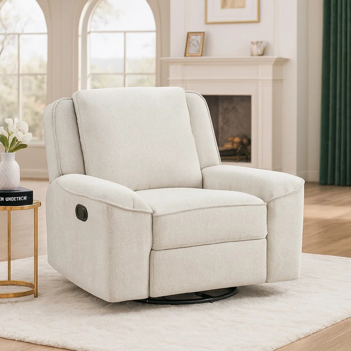 Ruma Swivel Manual Reclining Chair w Tab Pull, Beige Chenille Fabric   - BM347159