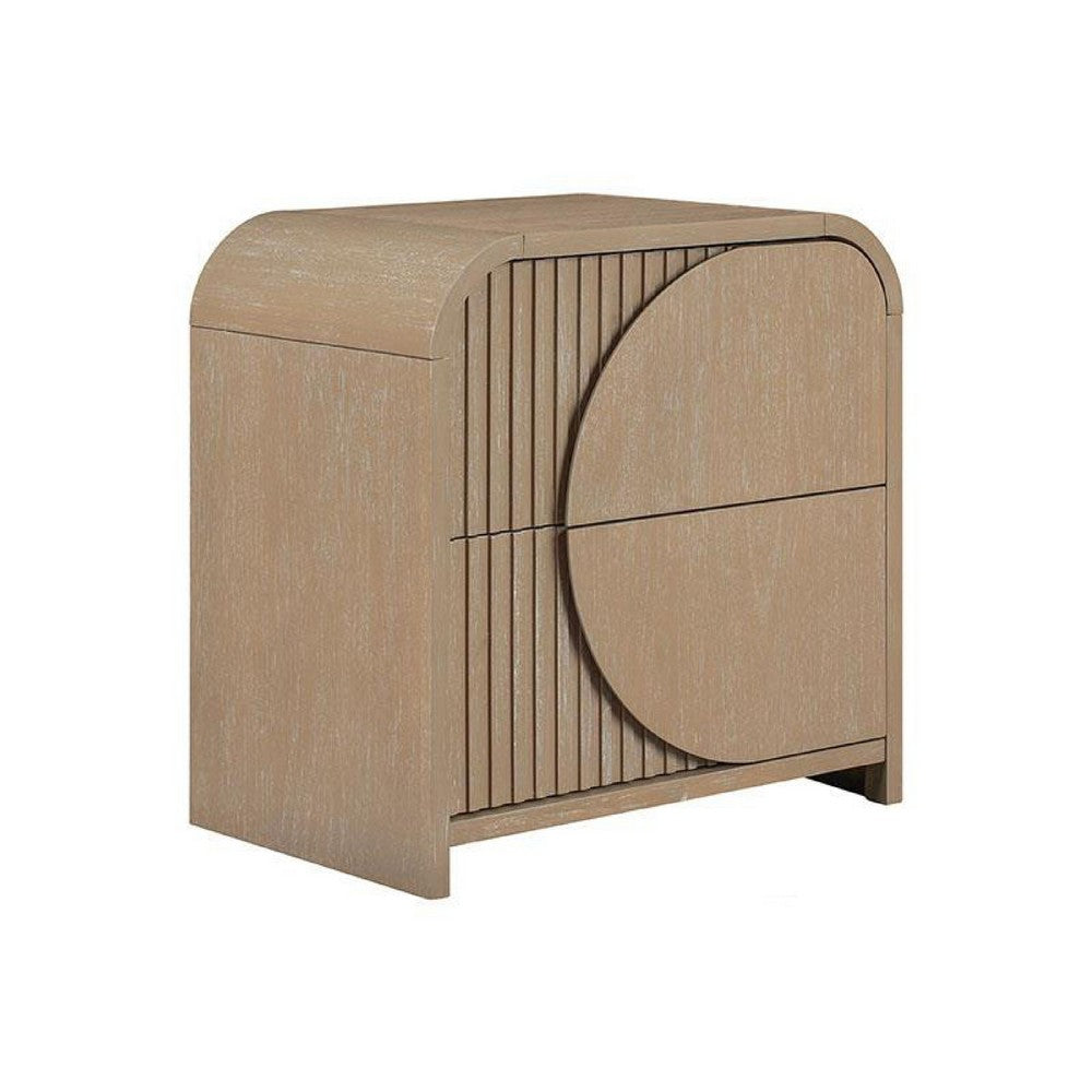 Tanya Nightstand with 2 Drawers, Reeded Panels, Natural Brown Wood - BM347574