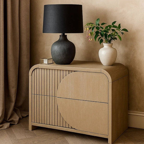 Tanya Nightstand with 2 Drawers, Reeded Panels, Natural Brown Wood - BM347574