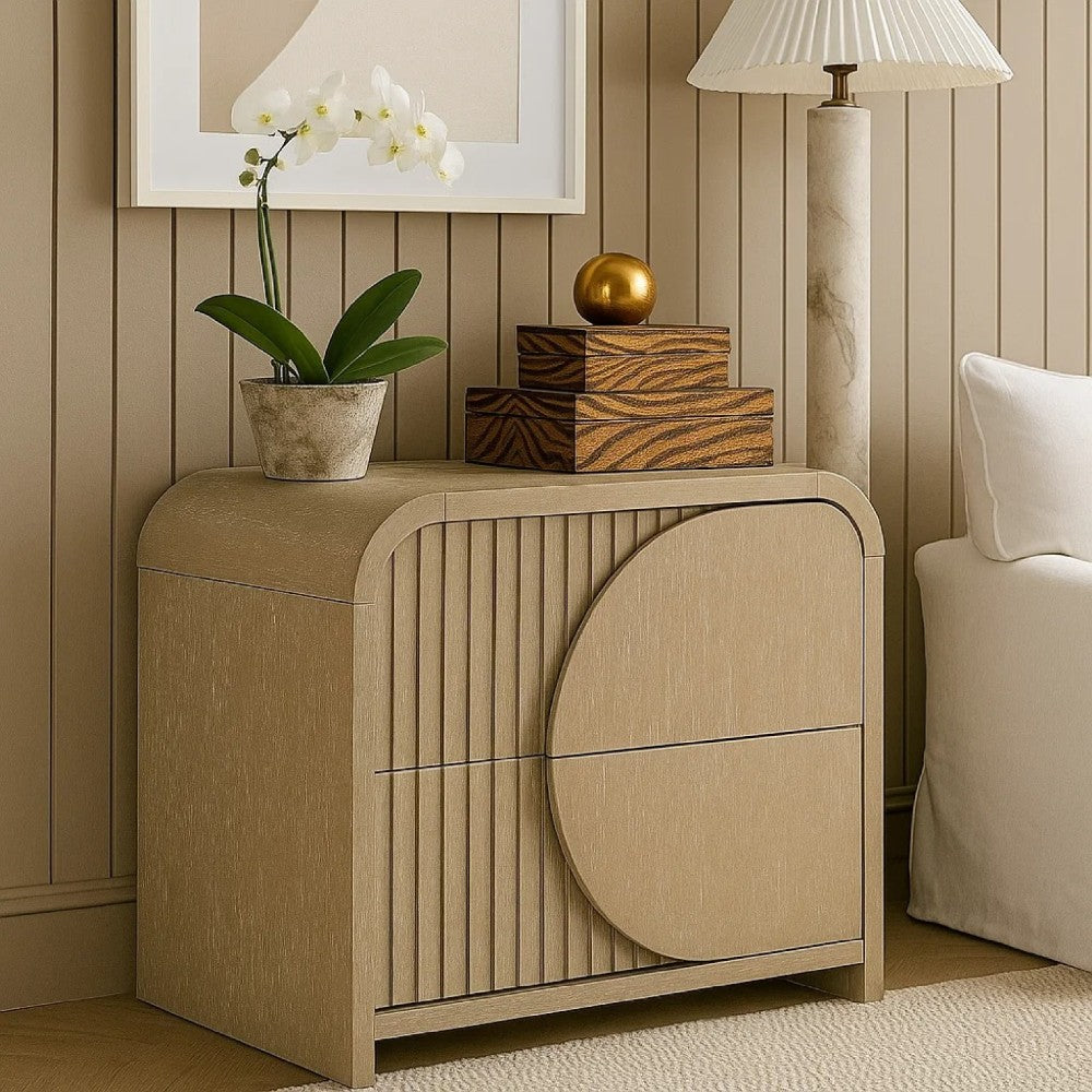 Tanya Nightstand with 2 Drawers, Reeded Panels, Natural Brown Wood - BM347574