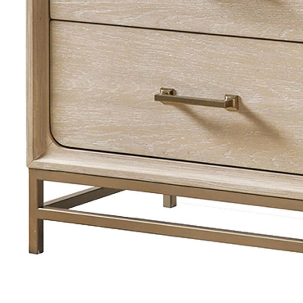 Rozie Nightstand, 2 Drawers, Metal Legs, Light Oak Brown Wood 27 Inch - BM347584