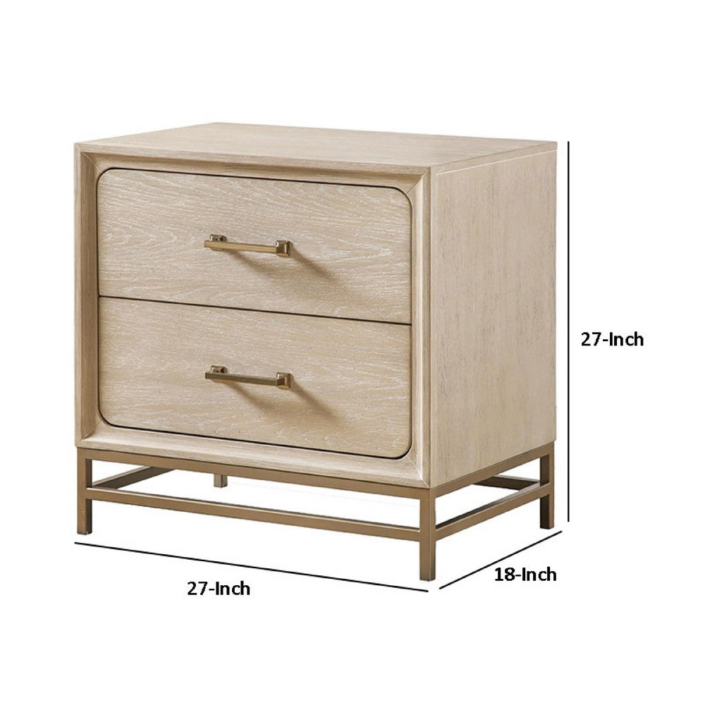 Rozie Nightstand, 2 Drawers, Metal Legs, Light Oak Brown Wood 27 Inch - BM347584