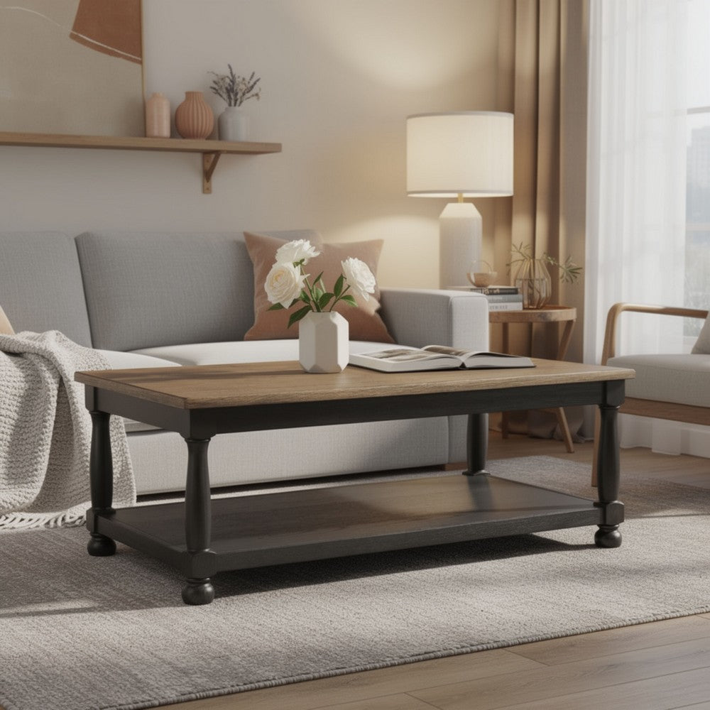 Ginie Coffee Table, 2 Tone Rustic Black, Brown Rubberwood, 48 Inch - BM347625