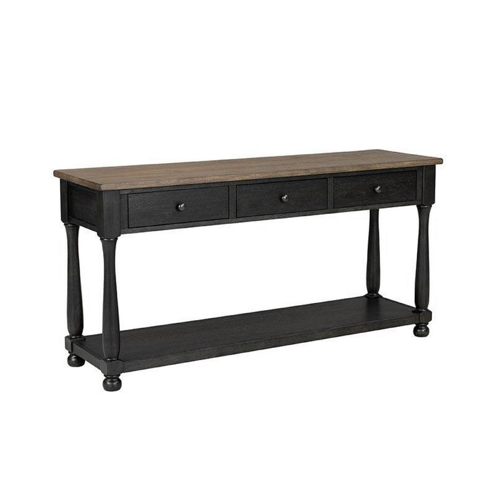 Ginie Sofa Table, 3 Drawers, Black Brown Solid Rubberwood, 60 Inch - BM347626
