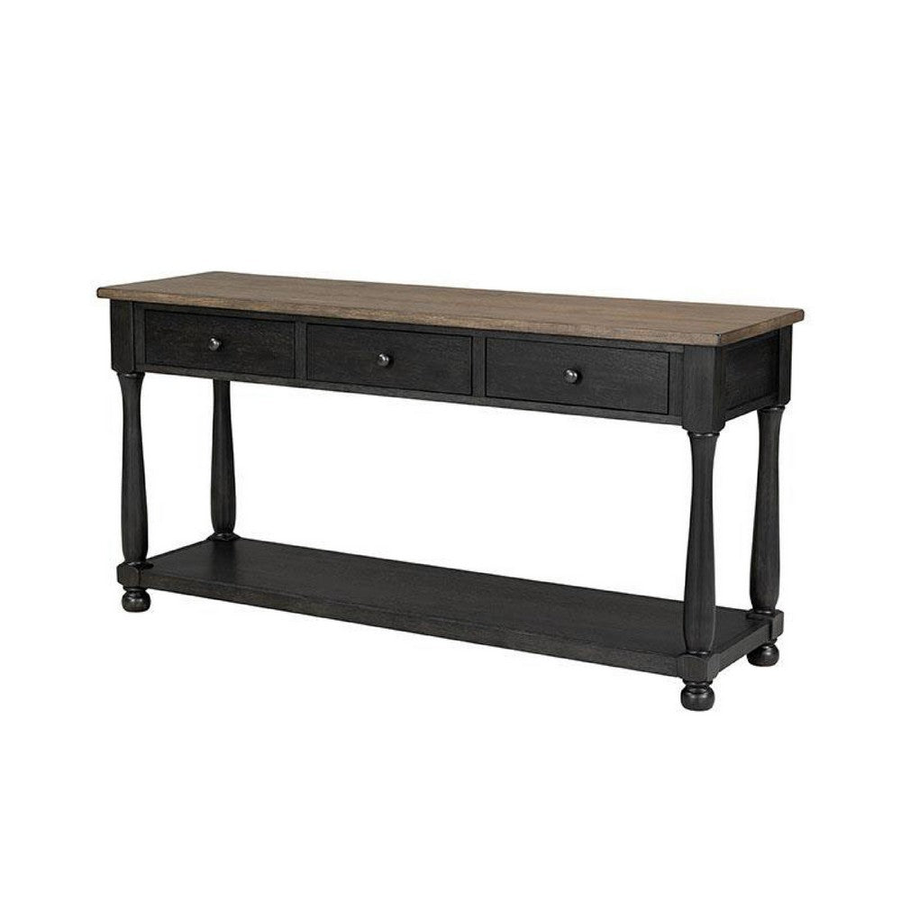 Ginie Sofa Table, 3 Drawers, Black Brown Solid Rubberwood, 60 Inch - BM347626