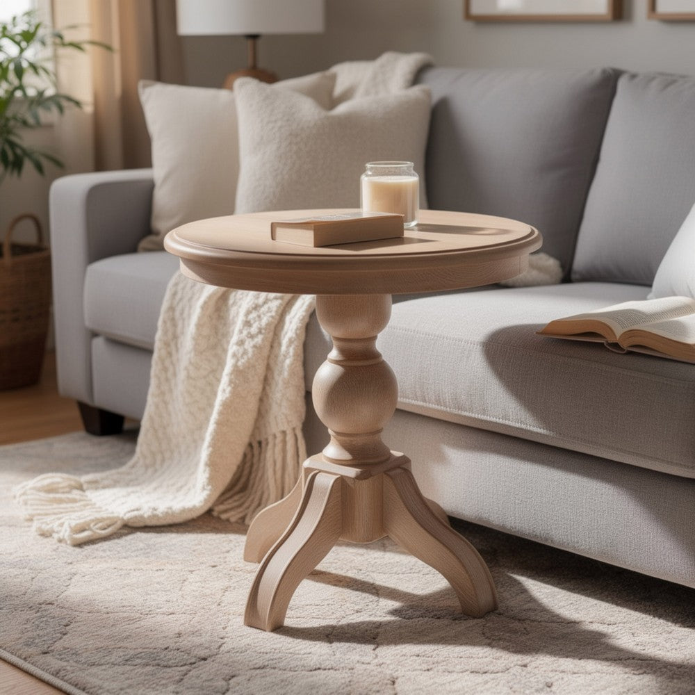 Cherie Round End Table, Light White Washed Solid Rubberwood, 24 Inch - BM347628