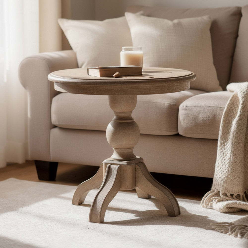Cherie Round End Table, Light White Washed Solid Rubberwood, 24 Inch - BM347628