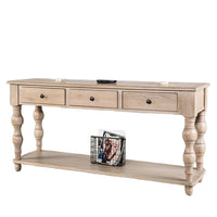 Cherie Sofa Table, 3 Drawers, Shelf, Light White Washed Wood, 64 Inch - BM347629