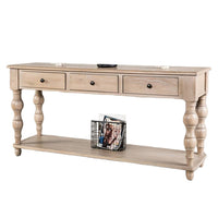 Cherie Sofa Table, 3 Drawers, Shelf, Light White Washed Wood, 64 Inch - BM347629