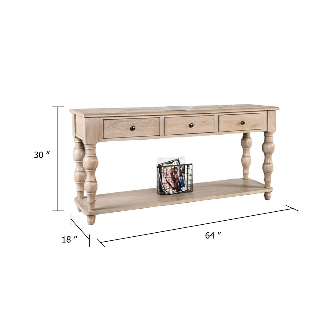 Cherie Sofa Table, 3 Drawers, Shelf, Light White Washed Wood, 64 Inch - BM347629