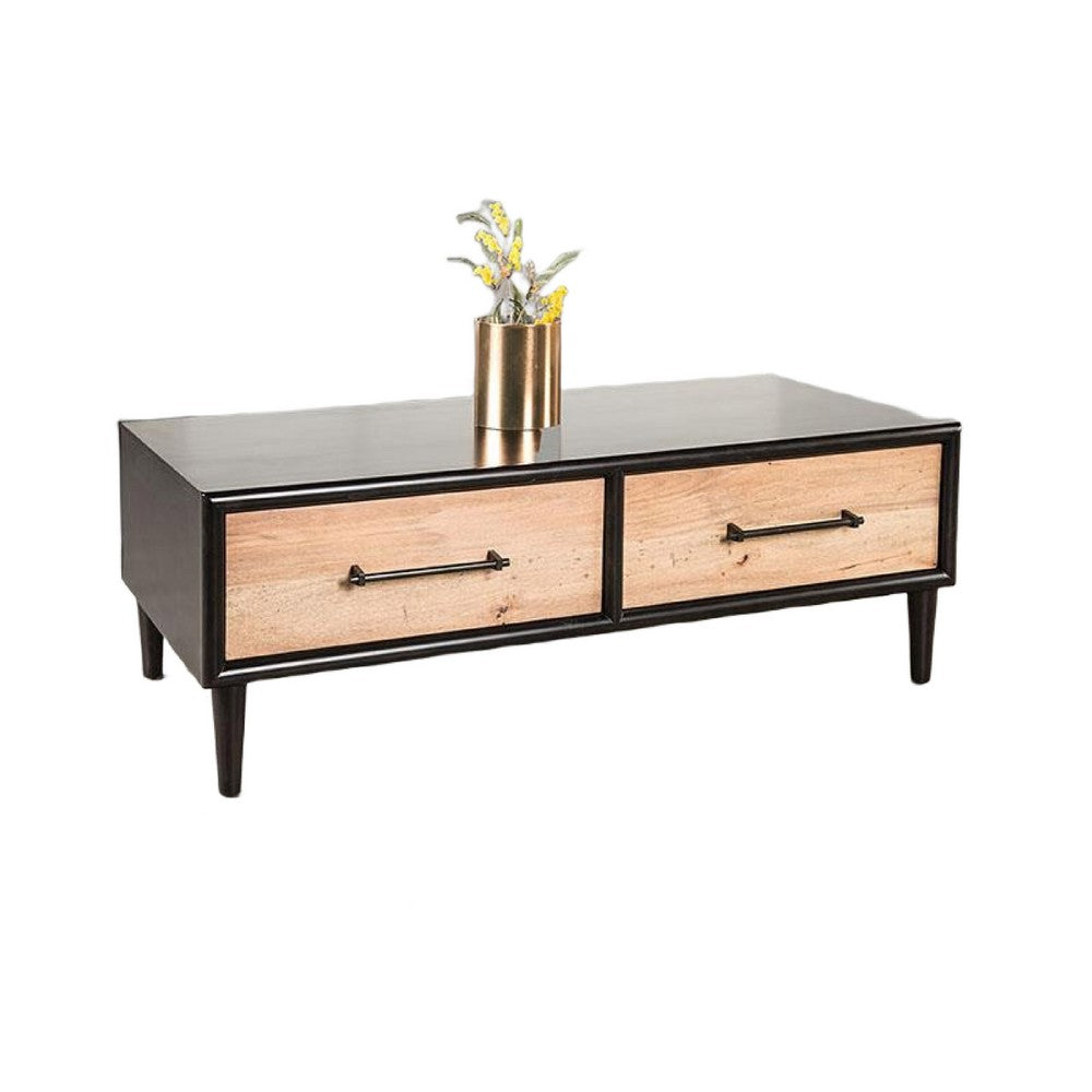 Lucas Coffee Table, 2 Drawers, Brown, Black Solid Rubberwood, 52 Inch - BM347631