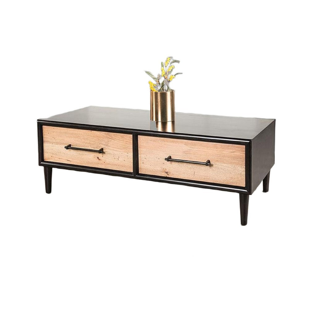 Lucas Coffee Table, 2 Drawers, Brown, Black Solid Rubberwood, 52 Inch - BM347631