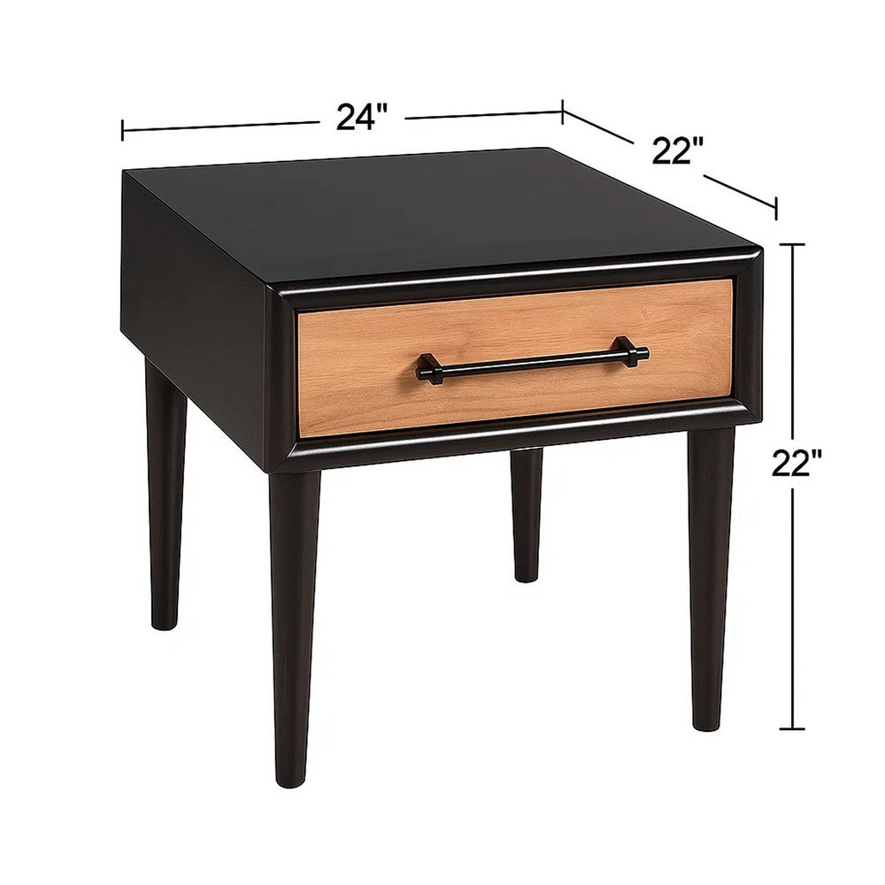 Lucas Side End Table, 1 Drawer, Brown, Black Solid Rubberwood, 24 Inch - BM347632