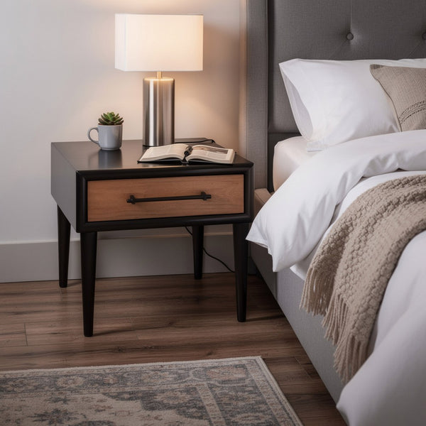 Lucas Side End Table, 1 Drawer, Brown, Black Solid Rubberwood, 24 Inch - BM347632